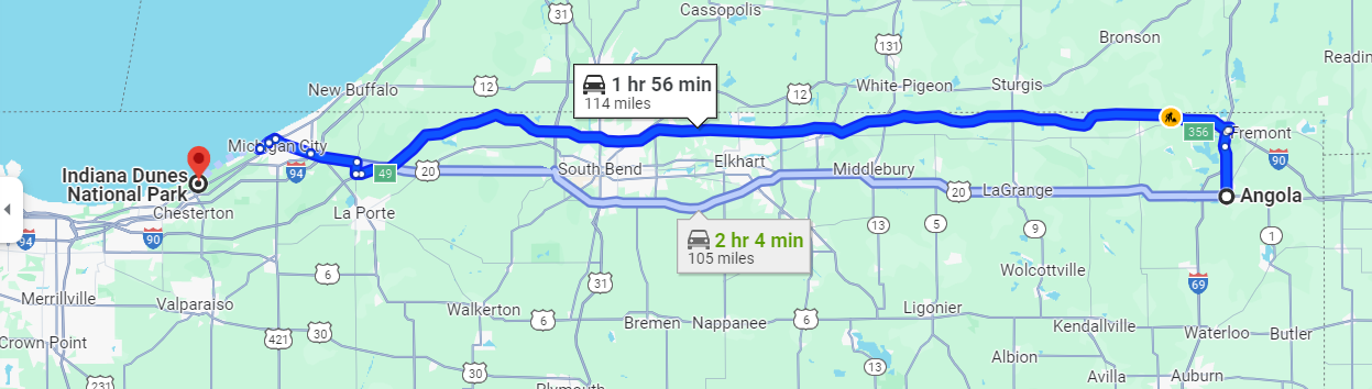 Angloa, Indiana to Indiana Dunes National Park, Indiana